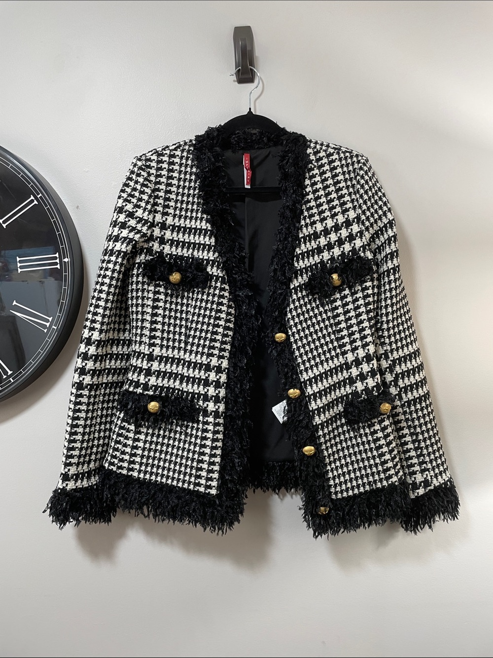 Black & White Houndstooth Fringe Tweed Blazer